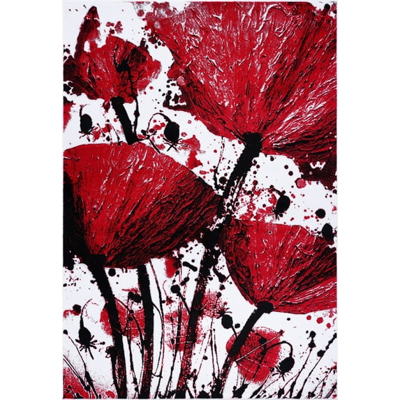 Ladole Rugs European Beautiful Poppy Floral Pattern Contemporary Indoor Area Rug Carpet in Red Black, 7x10 (6'2" x 9'2", 190cm x 280cm)