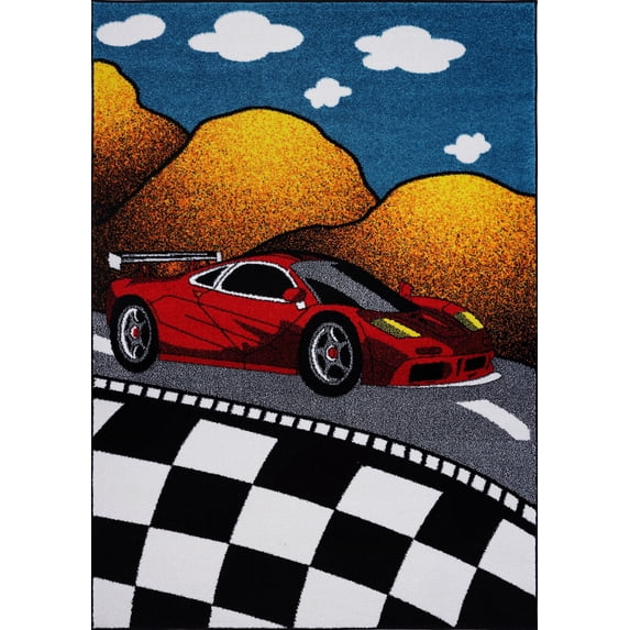 Ladole Rugs Red and Black Car on Road polypropylene Kids Area Rug Carpet in Multicolor, 6x9 (6'2" x 9'2", 190cm x 280cm)