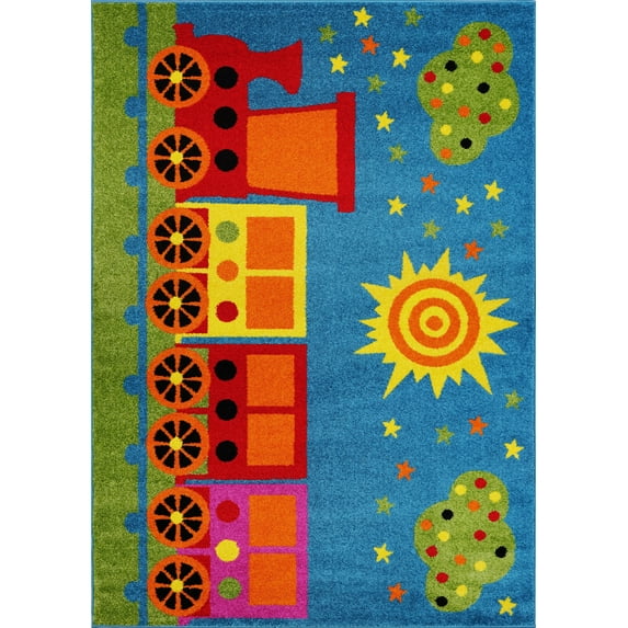 Ladole Rugs Train and Sky Theme Cartoon Style Polypropylene Kids Area Rug Carpet in Blue and Mutlicolor, 4x6 (3'11" x 5'3", 120cm x 160cm)