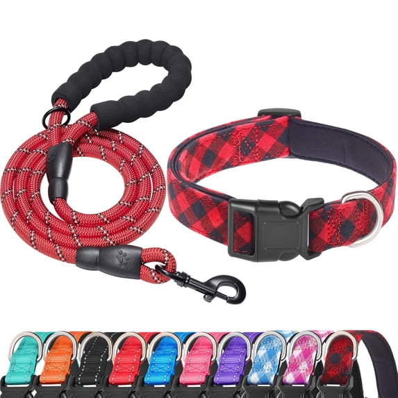 Ladoogo Reflective Dog Collar Padded with Soft Neoprene Breathable Adjustable Nylon Dog Collars for Small Medium Large Dogs (Small (Pack of 1), Red Plaid Collar+Leash)