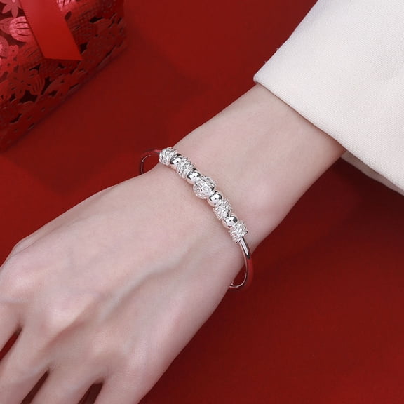 Lady Adjustable Bangle Metal Beaded Heart Cut-out Silver Plated Copper Smooth Surface Daily Wear Jewelry Accessory