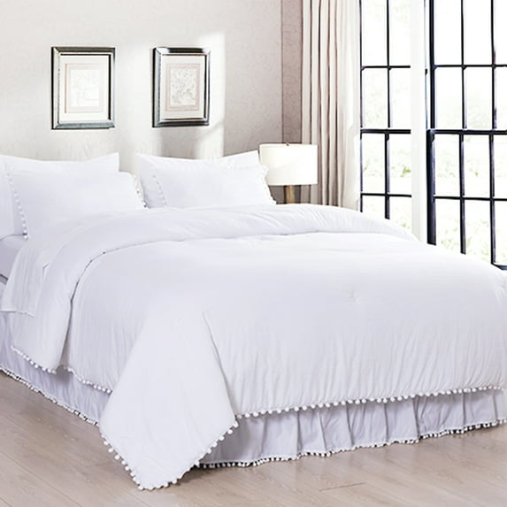 Lady Ann 3-Piece White Boho Pom Pom Comforter Set, King