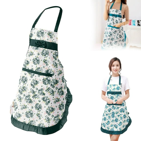 Lady Apron Huayishang Kitchen Apron Bowknot Floral Print Polyester Restaurant Home Cooking Pocket Work Clothes, Kitchen Essentials Clearance Sale 1*Apron Green