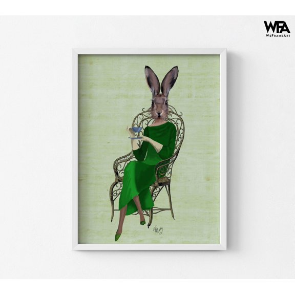 Lady Bella Rabbit Taking Tea, Tea Room Wall Decor, Green Dress Poster Print, Extra Large Bizarre Bunny Artwork Print, Kitchen Wall Art