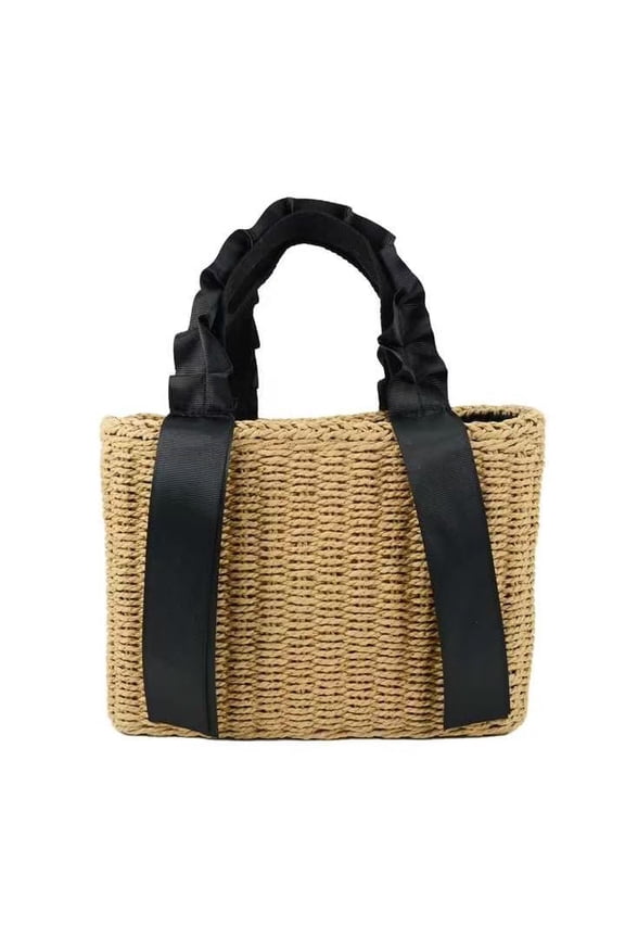 Lady Black Lace Ribbon Handbag Beige Rattan Weaving Hard Hand Woven Bag
