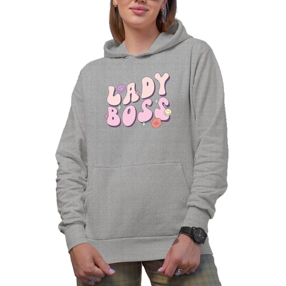 Lady Boss, Retro Groovy Wavy Text Art Merch Gift, Heather Grey Hooded Sweatshirt or Hoodie, Small