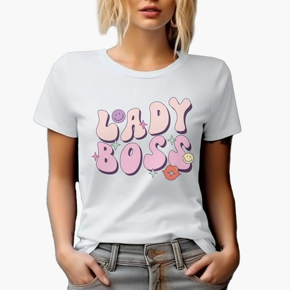 Lady Boss, Retro Groovy Wavy Text Art Merch Gift, White T-Shirt, Small