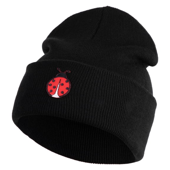 Lady Bug Iron on Patched 12 Inch Long Knitted Beanie - Black OSFM