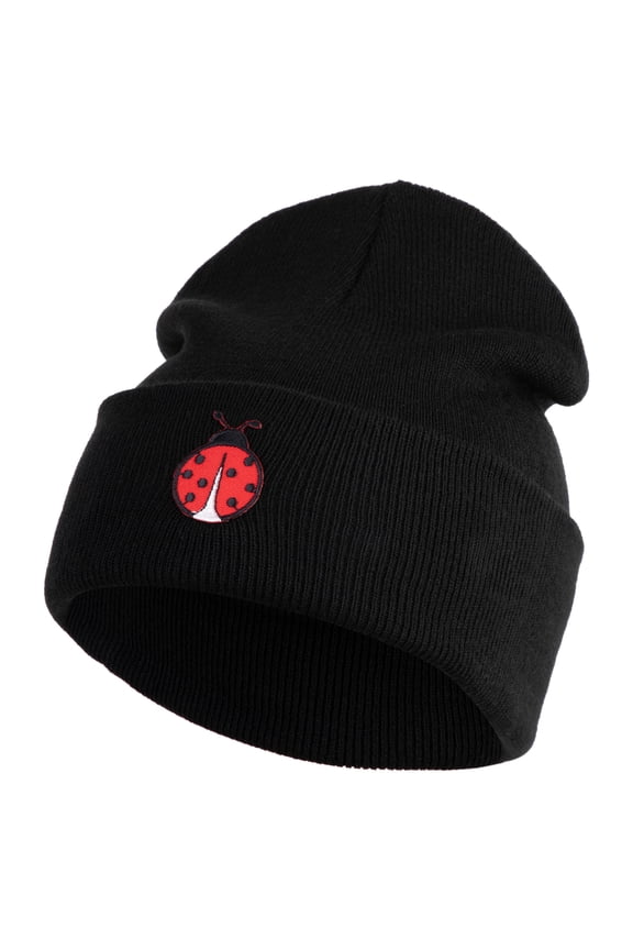 Lady Bug Iron on Patched 12 Inch Long Knitted Beanie - Black OSFM