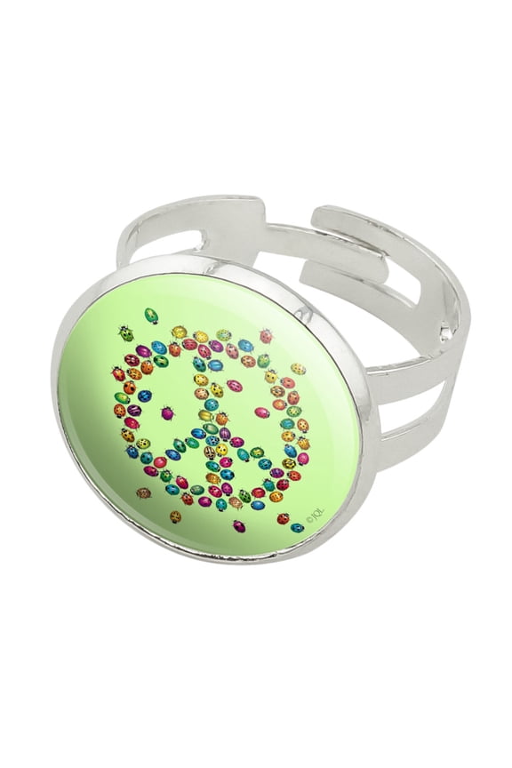 Lady Bug Rainbow Peace Sign Silver Plated Adjustable Novelty Ring
