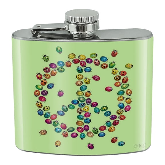 Lady Bug Rainbow Peace Sign Stainless Steel 5oz Hip Drink Kidney Flask