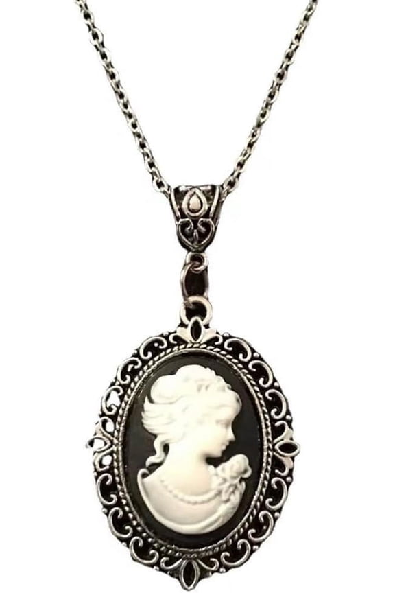 Lady Cameo Enamel Pendant Silver Plated Chain,Oval Lady Maiden Cameo Necklace,Gothic Jewelry For Women