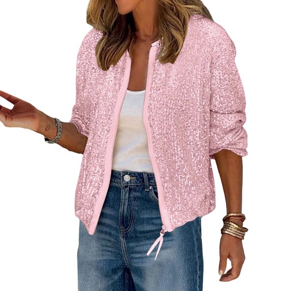 Lady Coat Glittering Sequin Round Neck Zipper Closure Long Sleeves Cardigan Short Type Loose Club Performance Stage Party Jacket