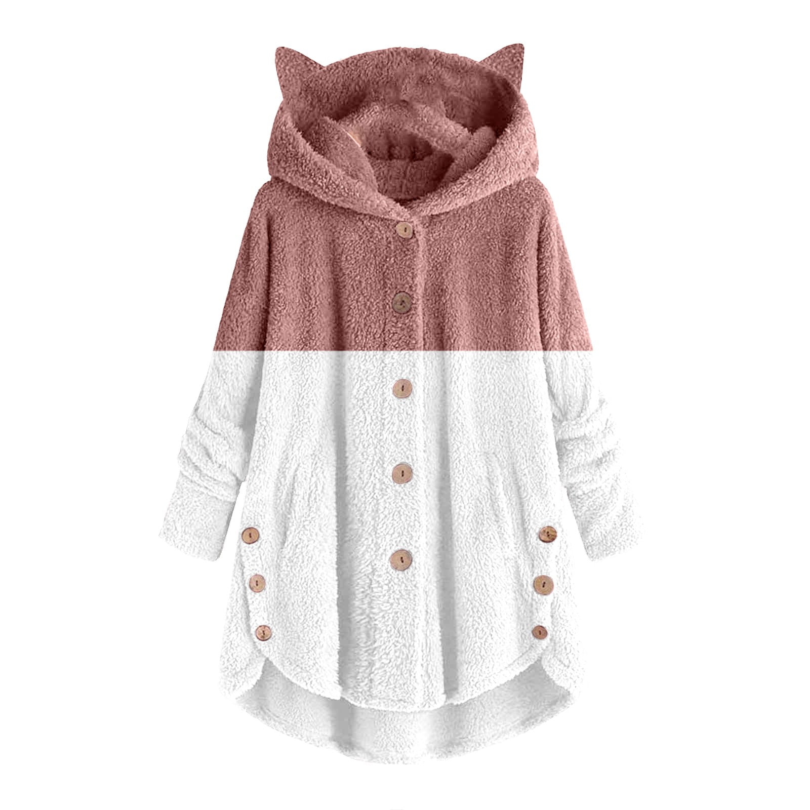 Lady Coat Velvet Coat Cat Ear Hooded Two Color Patchwork Button Plush