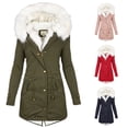 thumbnail image 1 of Lady Coat with Furry Hooded Thick Plush Lined Mid Length Cold-proof Outerwear with Pockets And Drawstring Waist Solid Color Casual Daily Overcoat, 1 of 8