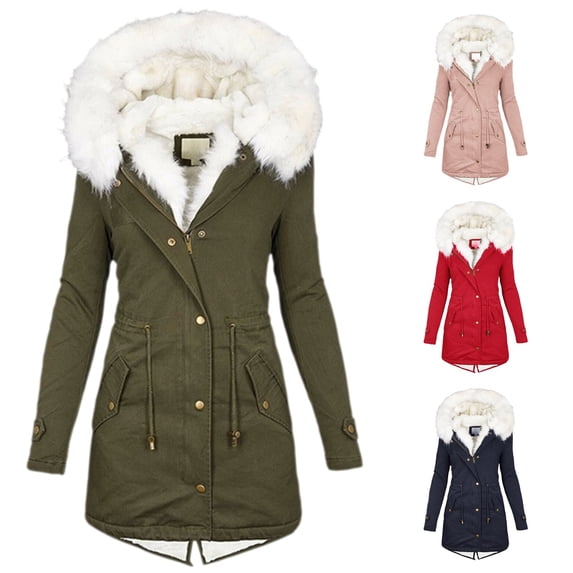 Lady Coat with Furry Hooded Thick Plush Lined Mid Length Cold-proof Outerwear with Pockets And Drawstring Waist Solid Color Casual Daily Overcoat