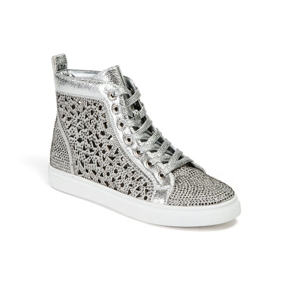 LADY COUTURE Flat Laser Cut High Top Bling Rhinestone Sneaker Women's Shoes New York Silver 39