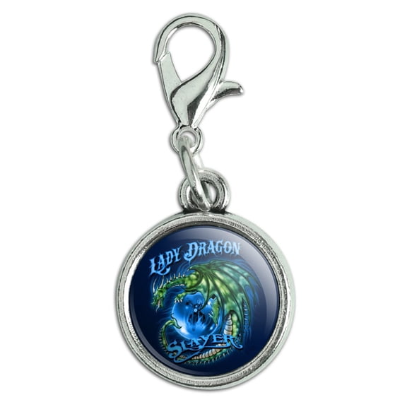 Lady Dragon Slayer Motorcycle Biker Antiqued Bracelet Pendant Zipper Pull Charm with Lobster Clasp