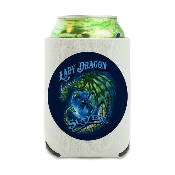 Lady Dragon Slayer Motorcycle Biker Can Cooler - Drink Sleeve Hugger Collapsible Insulator - Beverage Insulated Holder