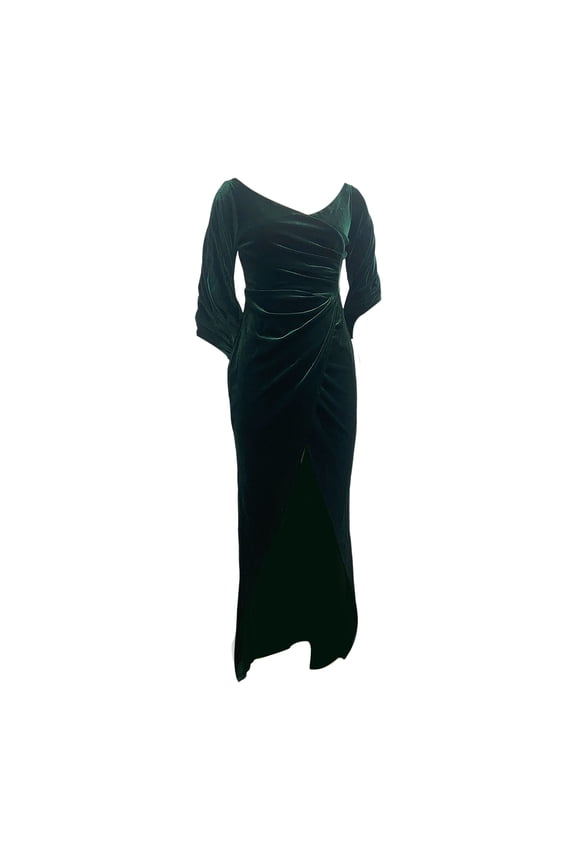 Lady Evening Dress Skinny Pleated Off Shoulder Slit Hem Half Sleeves Annual Symposium Wedding Party Prom Maxi Dress Ball Gown