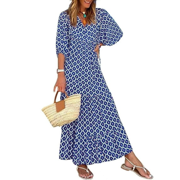 Lady Fall Dress Bubble Sleeves V Neck Printing A-line Loose Ankle Length Patchwork Bohemian Beach Maxi Dress Daily Wear Long Dress