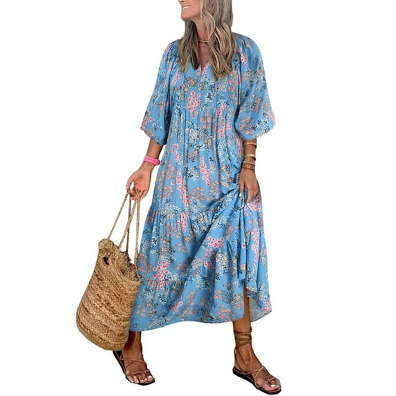 Lady Fall Dress Bubble Sleeves V Neck Printing A-line Loose Ankle Length Patchwork Bohemian Beach Maxi Dress Daily Wear Long Dress