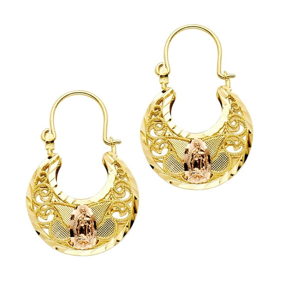 Lady Gaudalupe Basket Dangle Earrings 14k Yellow White Rose Gold Diamond Cut Tri Color 29 x 20 mm