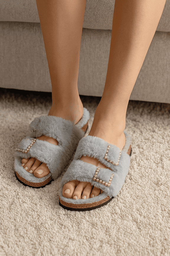 Women's Plush Faux Fur Pearl Slide Slippers, with Straps , Indoor/Outdoor Comfort Sandals-Baby Blue-Size 6