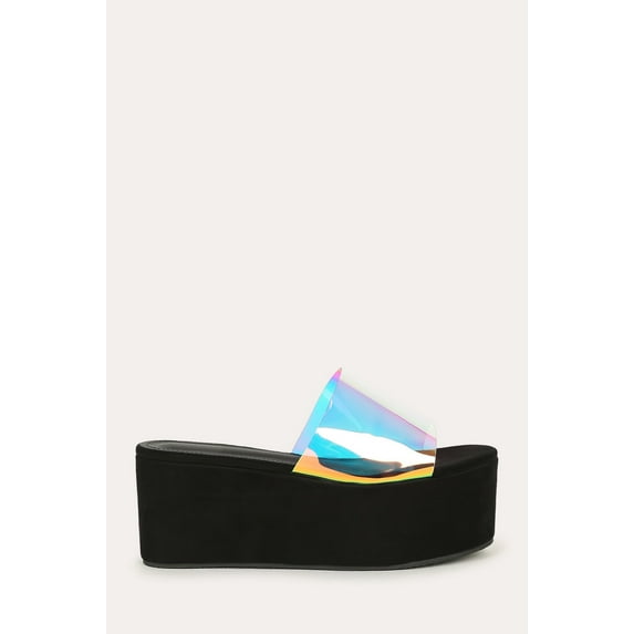 Lady Godiva Pvc Vamp Platform Wedge Slide Sandal Color: Black Faux Suede, Size: 9.0