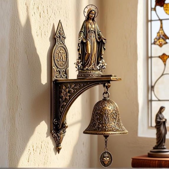 Our Lady of Grace Bronze Medal Wall Bell - Catholic Religious Wall Decor, Virgin Mary Hanging Prayer Bell for Home Altar, Christian Home Decor, Catholic Gifts