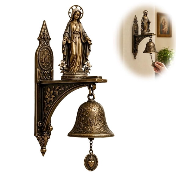 Our Lady of Grace Bronze Medal Wall Bell Virgin Mary Hanging Prayer Bell 5.9in Sacred Catholic Relief Church Chime for Christian Home Altar Garden Porch Decor