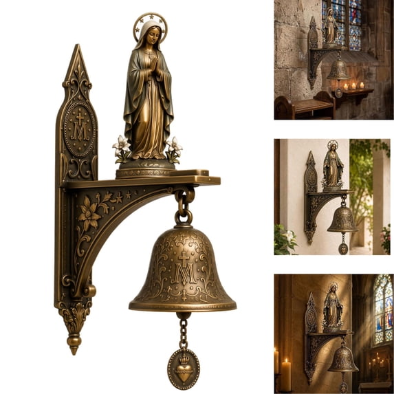 Our Lady of Grace Bronze Medal Wall Bell Virgin Statue Religious Bell Wall Mount Religious Figurine Bell Vintage Hanging Religious Bell virgin mary statue outdoor for Home Porch Chapel,B