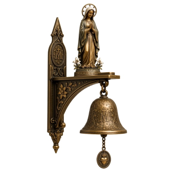 Our Lady of Grace Bronze Miraculous Medal Wall Bell – Classic Catholic Religious Art, Vintage Bronze Tone Metal Bell for Patio, Porch, or Indoor Altar (Style-A)