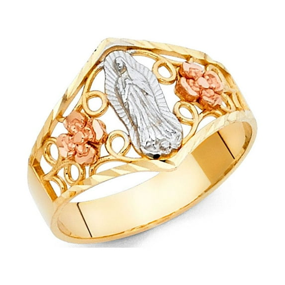 Lady Guadalupe Flower Ring 14k Yellow White Rose Gold Virgin Mary Tapered Band Fancy Style 12MM Size 6