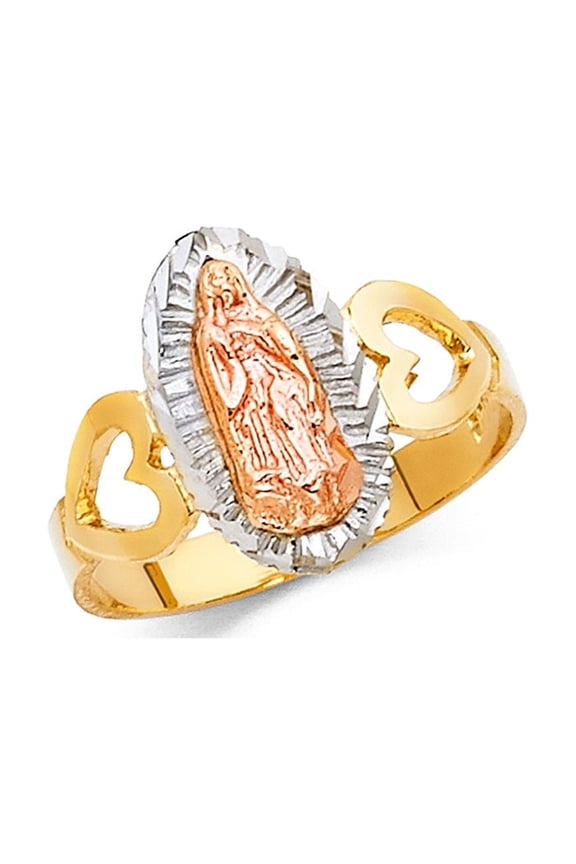 Lady Guadalupe Heart Band Ring Solid 14k Yellow White Rose Gold Virgin Mary Diamond Cut 15MM Size 9
