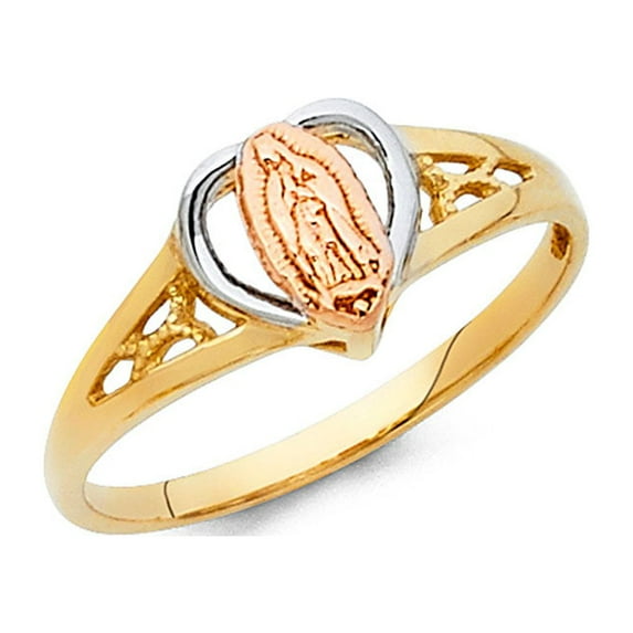 Lady Guadalupe Heart Ring 14k Yellow White Rose Gold Virgin Mary Love Band Style Tri Color 8MM, Size 5.5
