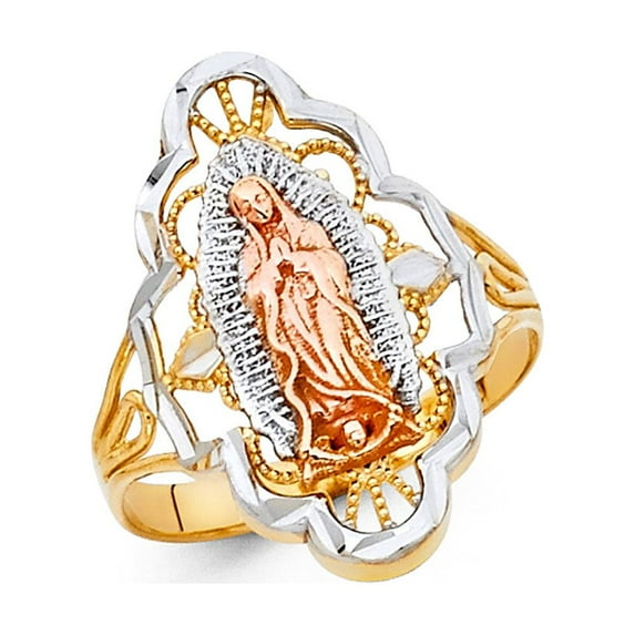 Lady Guadalupe Ring 14k Yellow White Rose Gold Virigin Mary Band Diamond Cut Religious 27MM, Size 7