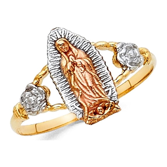 Lady Guadalupe Rose Ring 14k Yellow White Rose Gold Virgin Mary Flower Band Tri Color 13MM Size 7