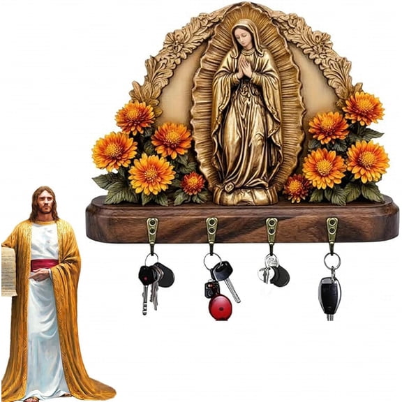 Our Lady of Guadalupe Sacred Wall Key Holder, 2D Flat Virgin Mary Farmhouse Religious Wall Decor for Entryway or Hallway, Golden Elegant Keychain Holders with Purpose, with 4 Hooks(1PC)