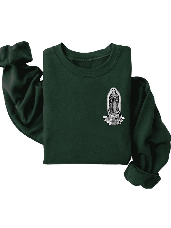 Our Lady of Guadalupe Sweatshirt – Catholic Virgin Mary Crewneck with Back Print, Christian Religious Graphic Pullover for Men & Women, Hispanic Faith Apparel, Thoughtful Gift for Believers