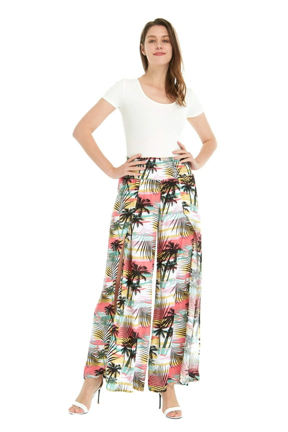 Lady High Slit Wide Leg Pants in Tropical Pink Line Floral