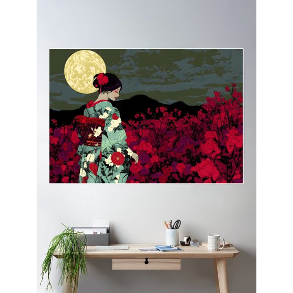 Lady In Japanese Garden Poster Wall Art, Modern Wall Decor For Living Room Bedroom, 16x24 UNFRAMED