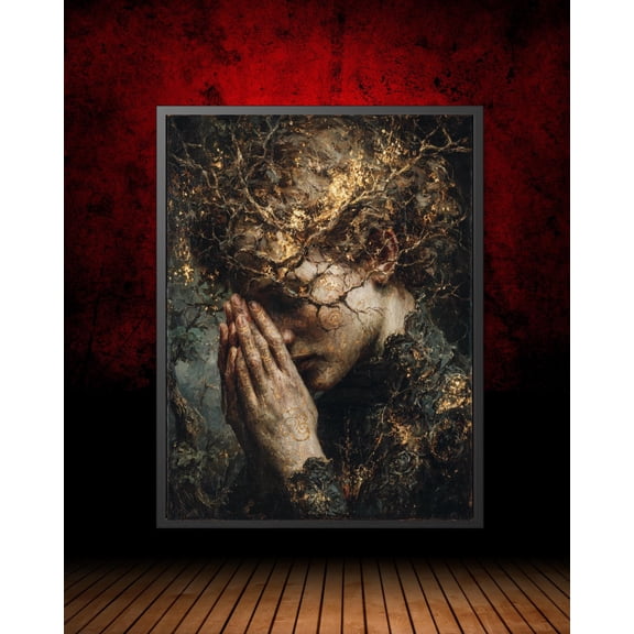 Lady In Prayer Art Poster: Moody Gothic Portrait With Gold Leaf, Unframed Canvas Size 8x12