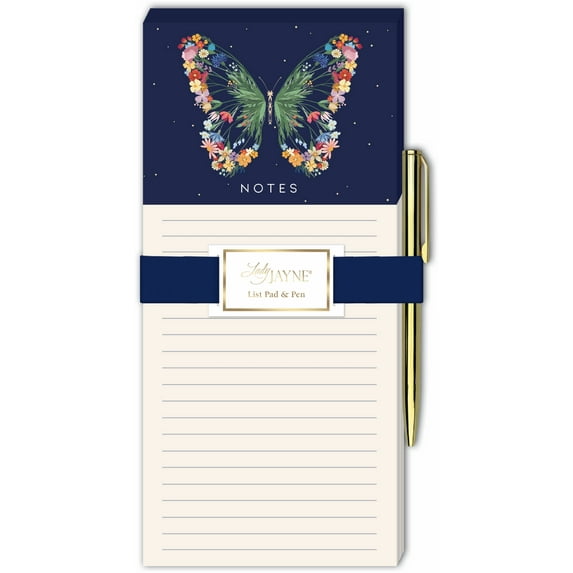 Lady Jayne Butterfly Magnetic List Pad with Pen, 4"x8.5", 100 sheets