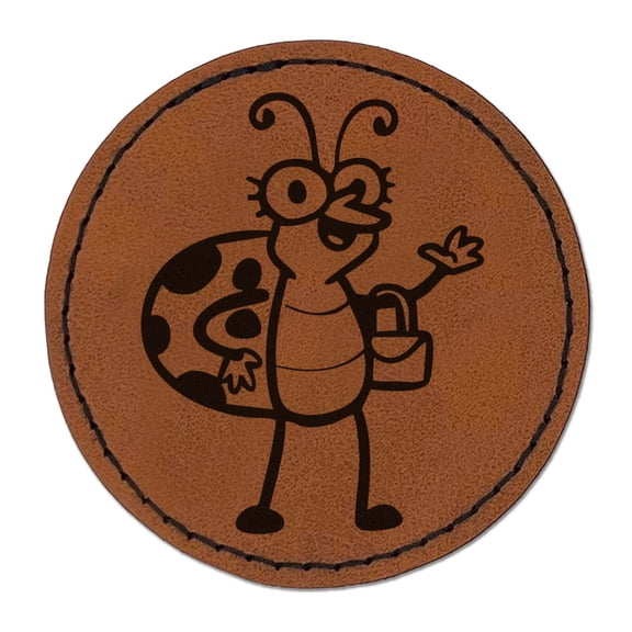 Lady Ladybug Insect with Purse Round Iron-On Engraved Faux Leather Patch Applique - 2.5 Inch - Brown
