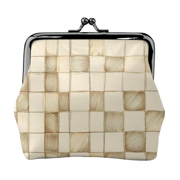 Lady Leather Wallet Zero 4.13 X 4.52 In Three-Dimensional Buckle Design Small Portable Easy Opening And Closing Beige Checked Hand-Drawn Sketch_1