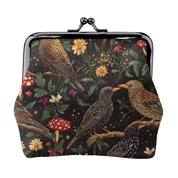 Lady Leather Wallet Zero 4.13 X 4.52 In Three-Dimensional Buckle Design Small Portable Easy Opening And Closing Cartoon European Starling Birds