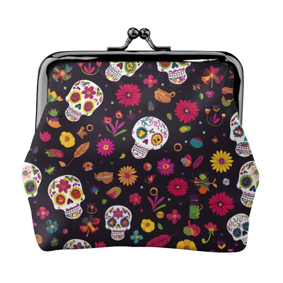 Lady Leather Wallet Zero 4.13 X 4.52 In Three-Dimensional Buckle Design Small Portable Easy Opening And Closing Cute Cartoon Skull Pattern