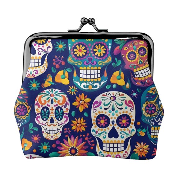 Lady Leather Wallet Zero 4.13 X 4.52 In Three-Dimensional Buckle Design Small Portable Easy Opening And Closing Festive Cute Sugar Skulls (2)