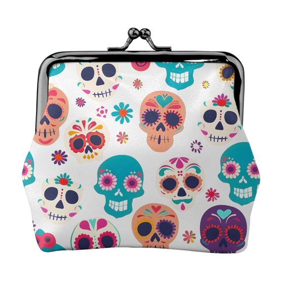 Lady Leather Wallet Zero 4.13 X 4.52 In Three-Dimensional Buckle Design Small Portable Easy Opening And Closing Festive Cute Sugar Skulls (5)
